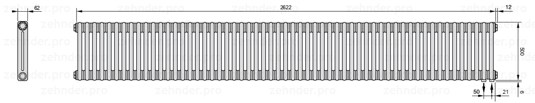 Схема (чертеж) Радиатор Zehnder Charleston 2050/57 №5510 Белый глянцевый RAL 9016
